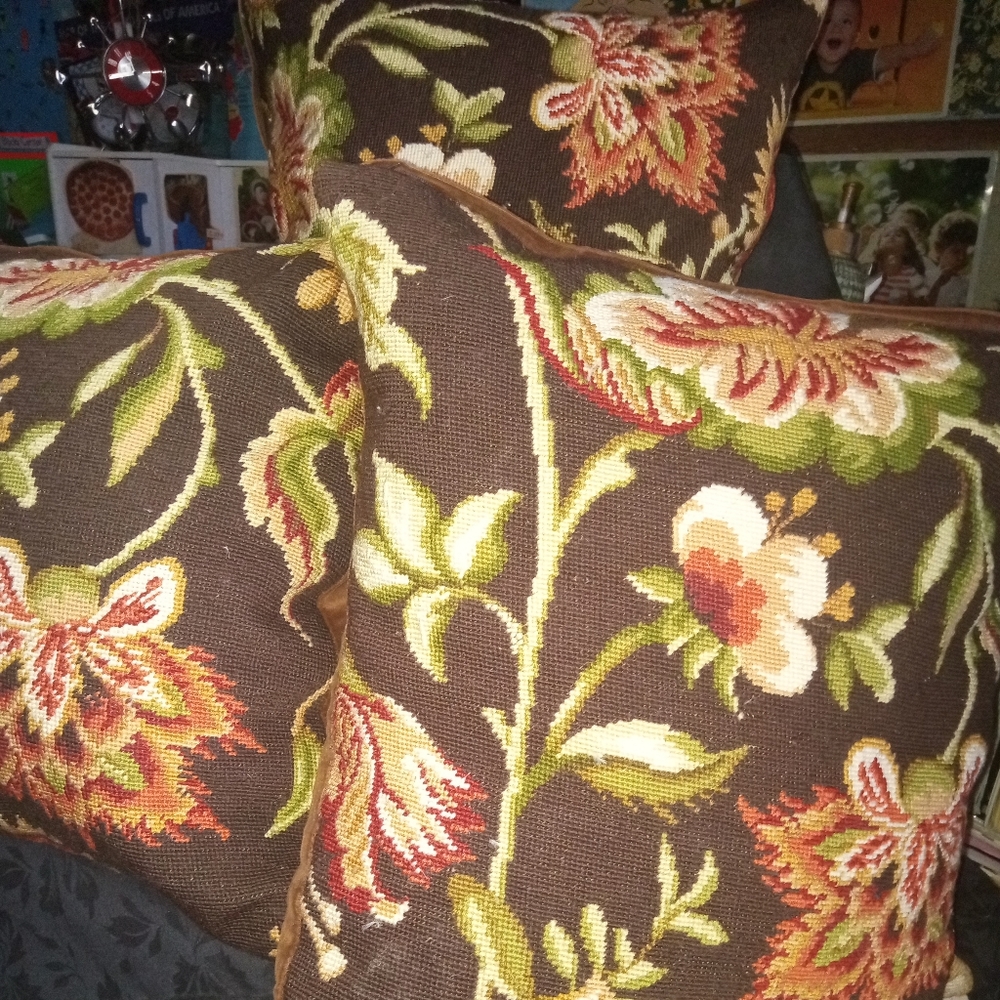 3 FANTASTIC BASSETT NEEDLEPOINT PILLOWS 100% WOOL EMBROIDERY